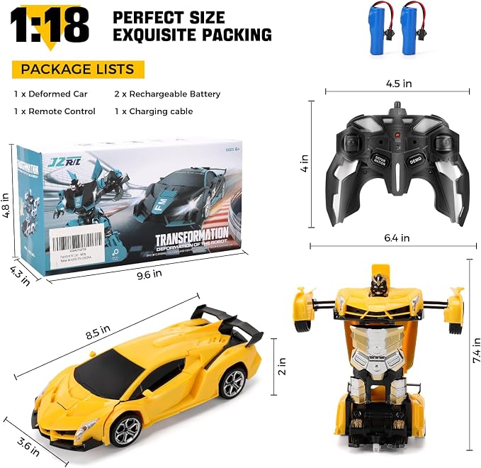 Blackma Transform RC Car Toy - Remote Control Car with Flashing Lights, One-Button Deformation, 2.4GHz & 360° Rotation, Gift for Kids Boys Girls Ages 4-12 - Yellow