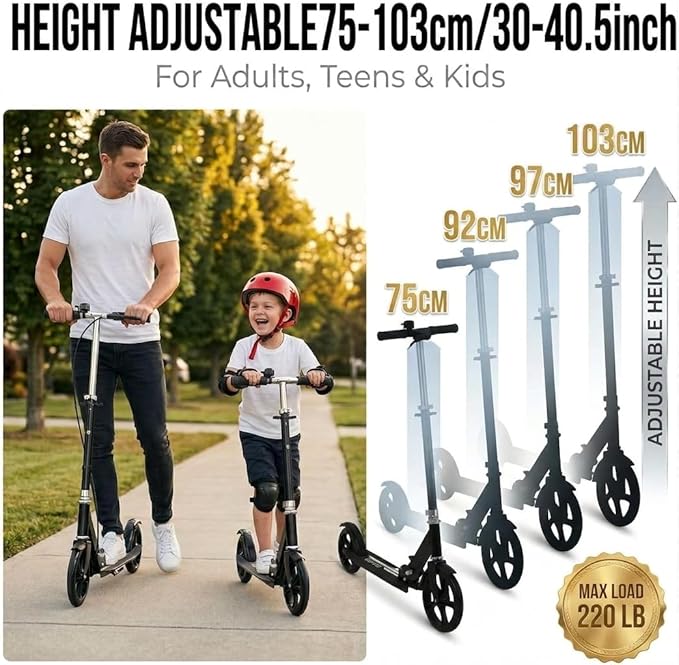 Non-Electric Scooters for Kids 8-12, Teens & Adults - Foldable Commuter Scooter with 8" Wheels, Bell, Hand Brake & Adjustable Height 30"-40.5", 220LB Capacity, Manual Push Scooter for Campus & Park