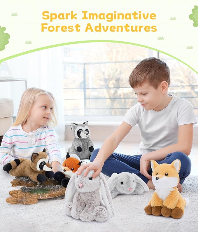 Tezituor 6 Pack Woodland Stuffed Animal Plush Toys, 8 inch Cute Bunny Fox Raccoon Plush Bulk Set, Cuddly Gift for Toddlers & Adults, Ideal for Nursery Decor & Party Favors