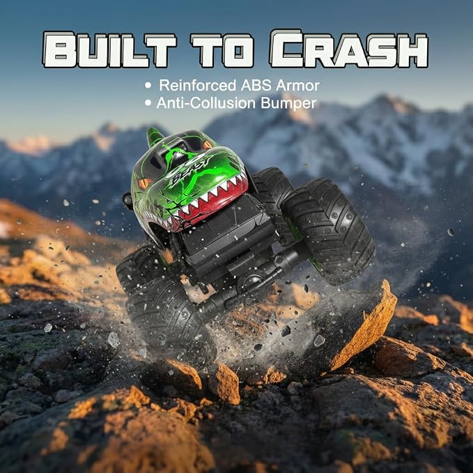 Remote Control Dinosaur Car for Boys 4-7 8-12, Sturdy 1:20 Scale RC Monster Truck with LED Lights Roar Sound, 2.4GHz All Terrain Off Road Toy, Birthday (Green)