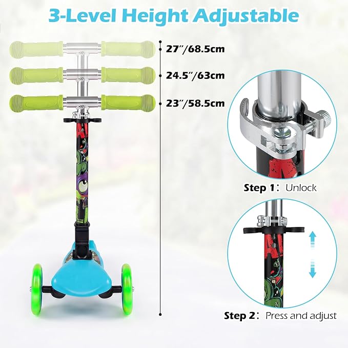 OLAKIDS Kids Kick Scooter with LED Front Wheels, 3-Level Adjustable Handlebars, Lean-to-Steer Design, Rear Foot Brake, Wide Anti Slip Deck, 3-Wheel Scooter for Kids Ages 2-5
