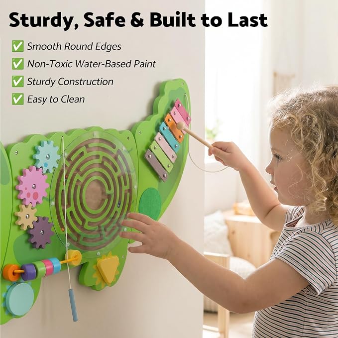 WOODENFUN Wooden Activity Wall Busy Board for Toddlers, 8 in 1 Crocodile Montessori Sensory Wall Panel with Bead Maze, Baby Activity Center Learning Toys for Boys Girls