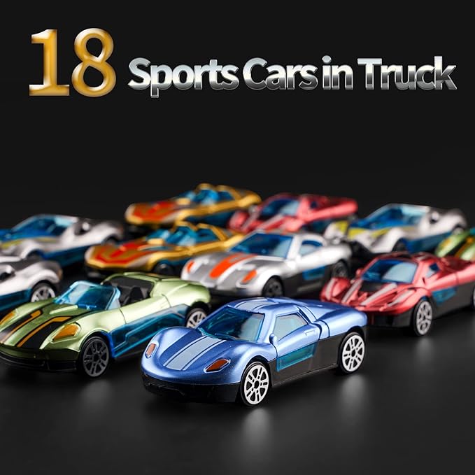 BoomCaCa Toy Truck Transport Car Carrier - 18 Sport Cars in Truck Toys, Toys for Boys and Girls Age 3-10 yrs Old, Ideal Party Christmas Birthday Gift for Kids