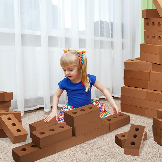 Deekin Foam Brick Building Blocks for Kids Thick Blocks Foam Large Fake Brick Construction Toy for Stacking Construction Gifts, 8 x 4 x 2.4 in(30 Pcs,Circle Holes)
