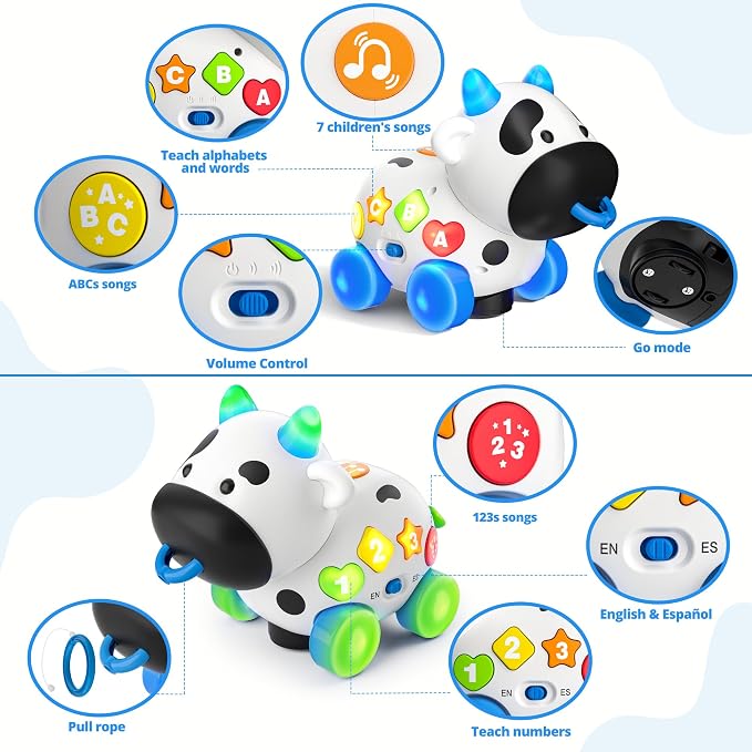 Baby Toys 6-12 Months, Bilingual Musical Cow Crawling & Pull Along Toy, English Spanish Learning Toy with Lights, Animal Sounds, ABC & 123 for Toddlers 12-18 Months, First Birthday Gift for Boys Girls