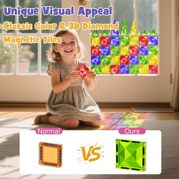WMXDU 60pcs Large Diamond Magnetic Tile, Magnetic Building Blocks Magnet Toy with Iron Box, STEM Educational Montessori Indoor Building Kit for Preschool Boys Girls Age 3+ Classroom Must Haves