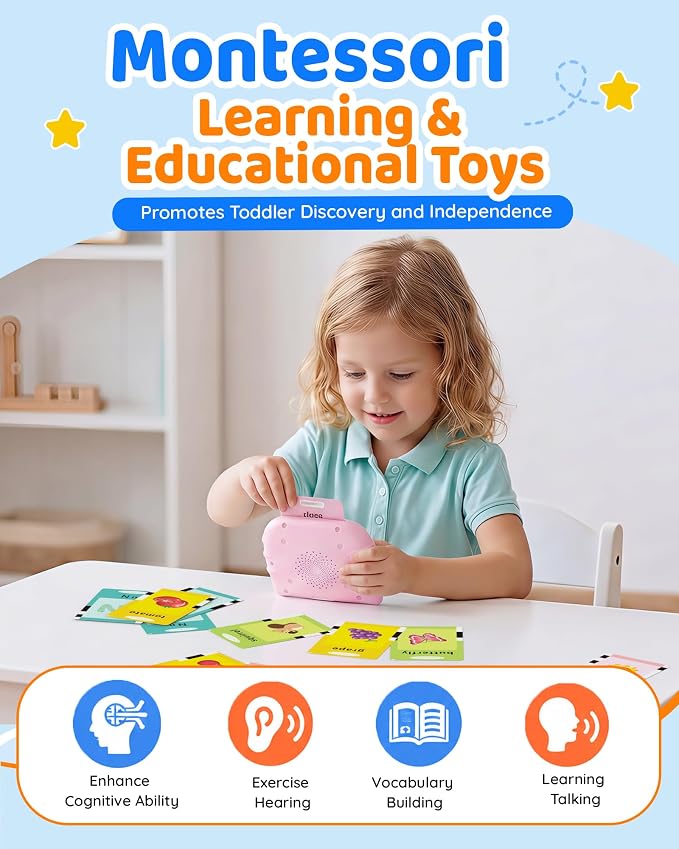 Aullsaty Talking Flash Cards for Toddlers 1-5 Years Old, Upgraded 536 Sight Words with 6 Songs Montessori Autism Sensory Toys, Educational Learning Speech Therapy Birthday Gifts for Boys Girls (Pink)