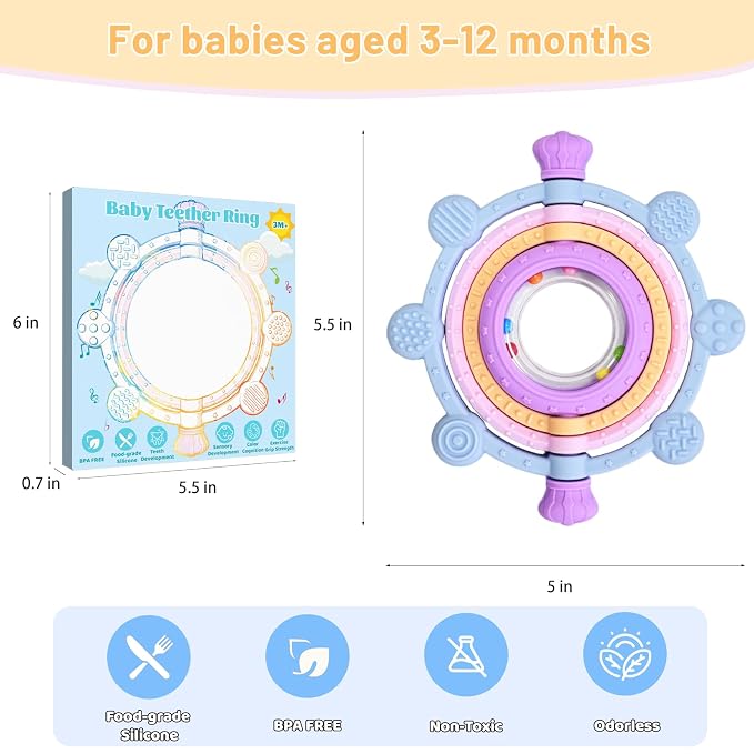 Rotatable Baby Teething Rings Rattle Toys for Infants 3-12 Months, Silicone Baby Teether Sensory Toys with Raised Textured Bumps, Safe & Soft for Chewing, Teething Relief, Soothing Sore Gums, BPA-Free