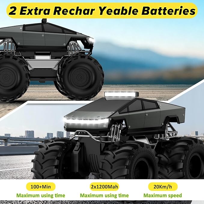Cokzer Remote Control Car, 1:18 Amphibious RC Cars, 4WD All Terrain Off-Road Pickup, 2.4GHz Waterproof Cyber Truck, 360° Rotatable Monster Truck Toys for Boys Christmas Birthday Gifts Age 6+ (Grey)