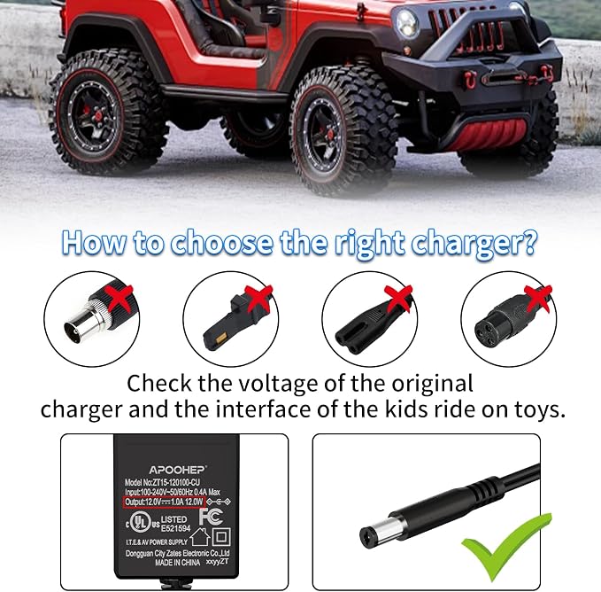 UL Certified 12V Battery Charger for Ride On Toys, 12V Ride On Replacement Charger, 12V Charger for Kids Ride On Car, Universal 12 Volt for Kidzone Bumper Car, Power Wheels, Flybar (Compact & Safe)