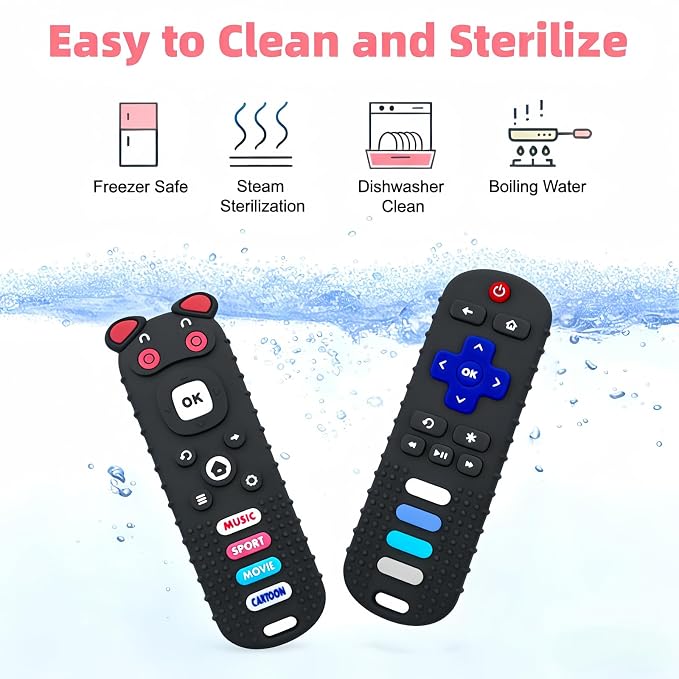 2Pcs Baby Teething Toys, BPA-Free Food Grade Silicone Baby Remote Control Teething Toy for 3-18 Months, Teething Relief Baby Toys, Teething Relief Newborn TV Remote Shaped Toy (Balck&Pig Black)