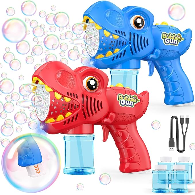 2Pcs Bubble Machine Gun Kids Toys Bubble Maker with 1800mAh Rechargeable Battery 4 Solutions Bubbles for Kids 4-8 Toddlers 1-3 Easter Basket Stuffers Dino Outdoor Toy Valentine Boy Girl