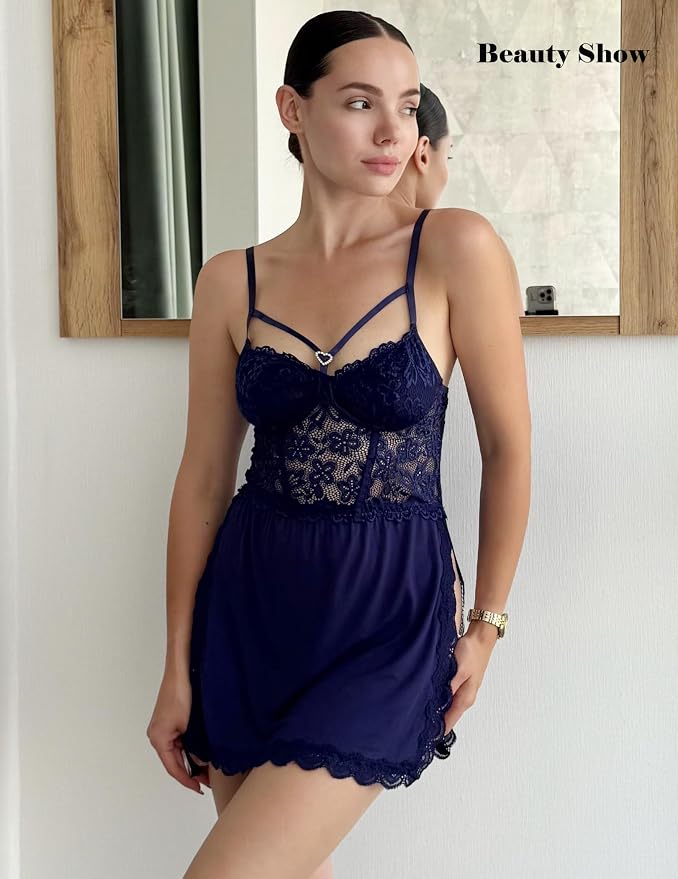 Avidlove Lingerie for Women Sexy Babydoll Lingerie Dress Chain Side Slit Chemise Nightgowns with G-String