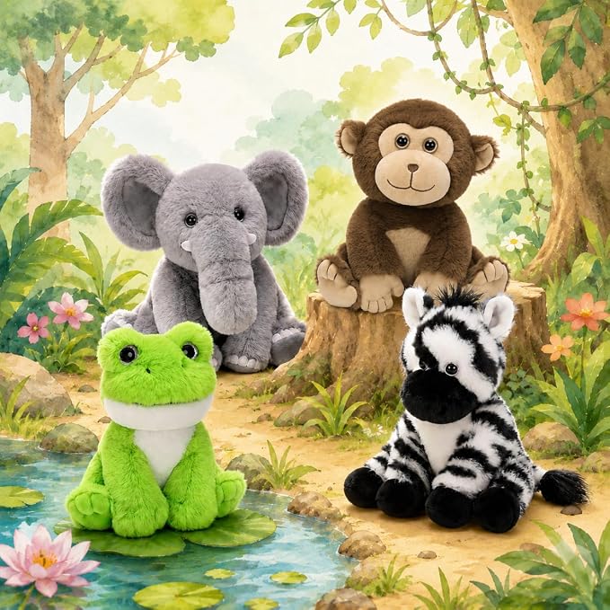 MaoGoLan 4Pcs Small Stuffed Animals Bulk, Safari Jungle Animal Plush Toys Set - Elephant Monkey Zebra Frog, Soft 8" Zoo Stuffed Animals for Kids, Birthday Party Favors Classroom Rewards