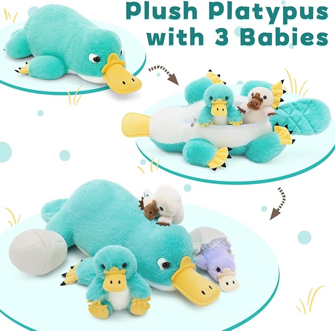 Tezituor Platypus Stuffed Animal Set,Mother Platypus Plush with 3 Colorful Baby Platypuses,Soft Blue Animal Family Plush Toy with Egg,Cute Easter Christmas Birthday Gift for Kids Boys Girls Girlfriend