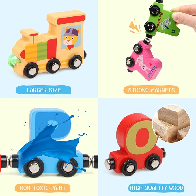 Wondertoys Wooden Alphabet Train Toy 27 PCS Magnetic Alphabet ABC Letter Train Set Includes 42 PCS Flash Cards, 1 Engine and 1 Storage Bag for Toddlers Kids Boys and Girls