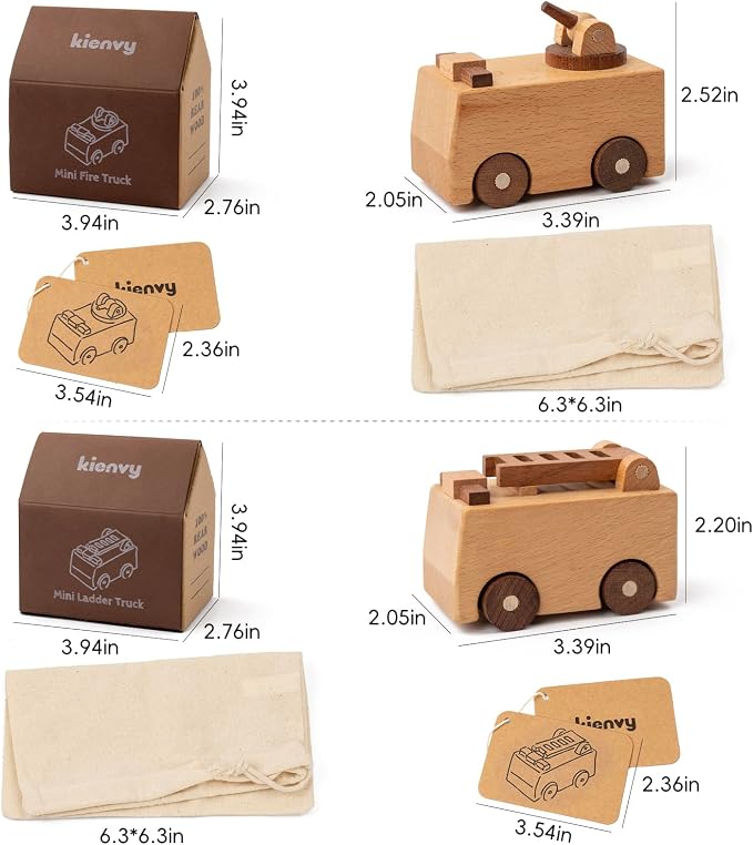 Wooden Toy Cars for 3 Year Old Boys & Girls - Construction Vehicles Set Push Toys for Toddlers, Wood Montessori Car with Rolling Wheels, Natural Wood Toys (Ladder Truck & Fire Truck)