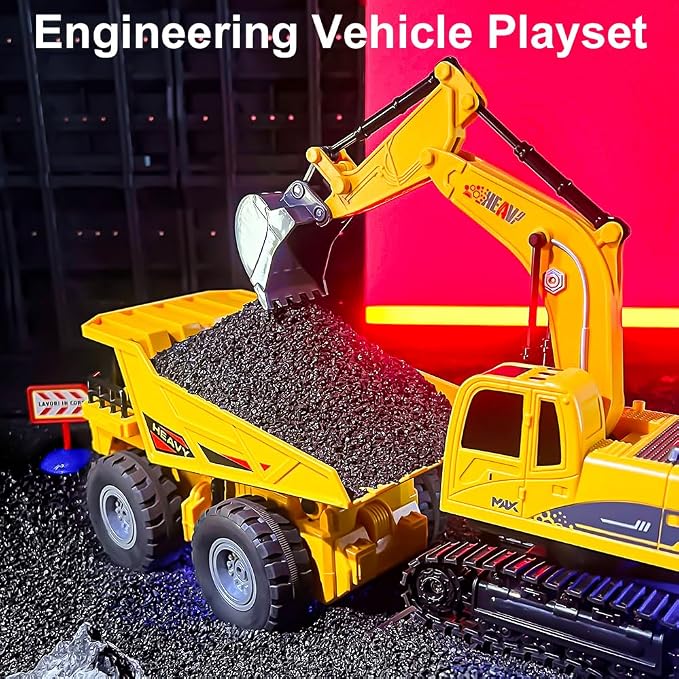 RC Excavator and Dump Truck Toy Set for Kids, 2.4Ghz 11 Channel Dual Control Remote Control Construction Vehicle with Light, Sound, Music & Auto Demo, Christmas Birthday Gifts for Boys Girls Ages 3-8