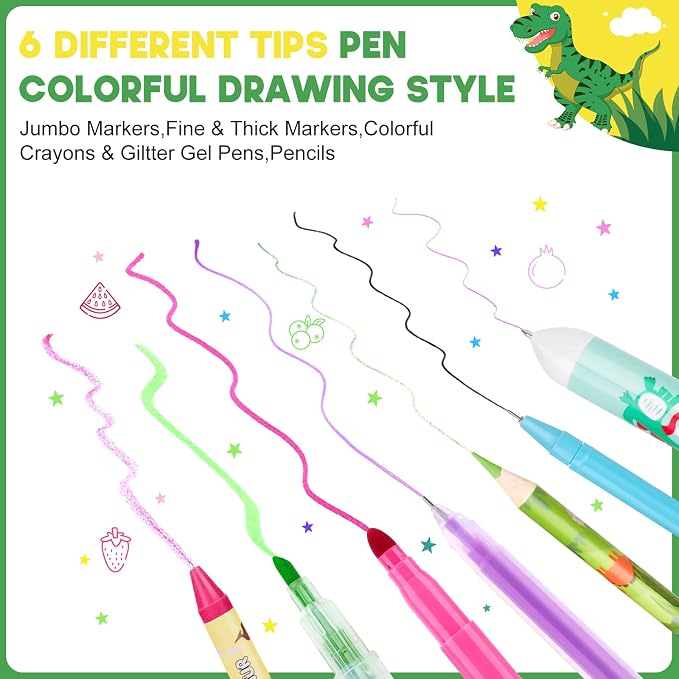 MAIGOZON Dinosaur Gifts for Boys - 57 PCS Scented Markers Art Supplies Set for Kids Ages 4-8, Coloring Drawing Kit with Dino Case, Coloring Book & Quick-Dry Gel Pens, Birthday Christmas Gift