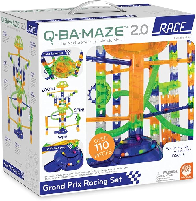 MindWare Q-BA-Maze 2.0 Grand Prix Racing Set – Marble Run Building Toy with Motion-Activated Lights, Ages 8 and Up