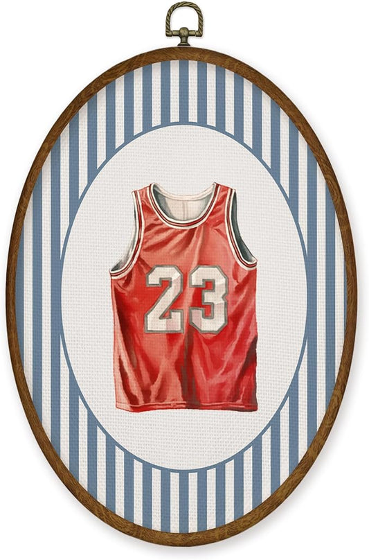 WULQYING Vintage Basketball Jersey Nursery Wall Art Decor, Sports Nursery Oval Framed Canvas Art Prints, Blue Striped Basketball Wall Hanging Decor for Kids Boy Room Bedroom Playroom, 8.6x11.4 Inches