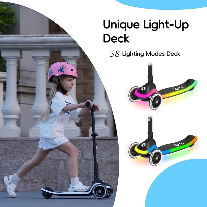 Kicknroll Toddler Scooter 3 Wheel Kids Kick Scooters with Dynamic Light-Up Non-Slip Deck & LED Wheels, 4 Adjustable Height, Foldable, Lean-to-Steer Design for Girls Boys Ages 3-8 Max 110 Lbs