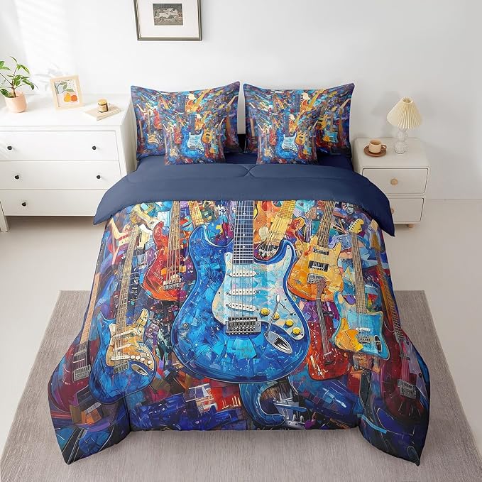 Feelyou Guitar Comforter Set with Sheets Queen Size Rock Music Bed in a Bag for Boys Girls Teens Blue 7 Pieces Bedding Set Soft Lightweight Microfiber