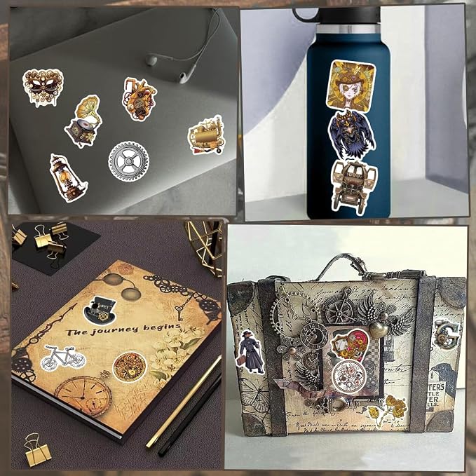QTL Steampunk Stickers for Adults Teens, Steampunk Party Supplies, Waterproof Vinyl Stickers for Water Bottles and Laptop, 75PCS