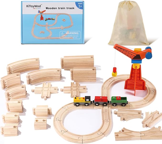 Wooden Train Track Set 62pcs, Wood Railway Systems Accessories Expansion Pack with Train + Crane, for 3-10 Years Toddlers Birthday Gift, Christmas Toys, Compatible with Major Brands (62 PCS)