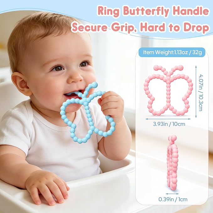 2 Pack Butterfly Teething Toys for Babies 3-6 6-12 Months, BPA Free Silicone Baby Teether Toys for Teething Relief, Easy-Grip Double Ring Infant Newborn Chew Toys for Sucking Needs