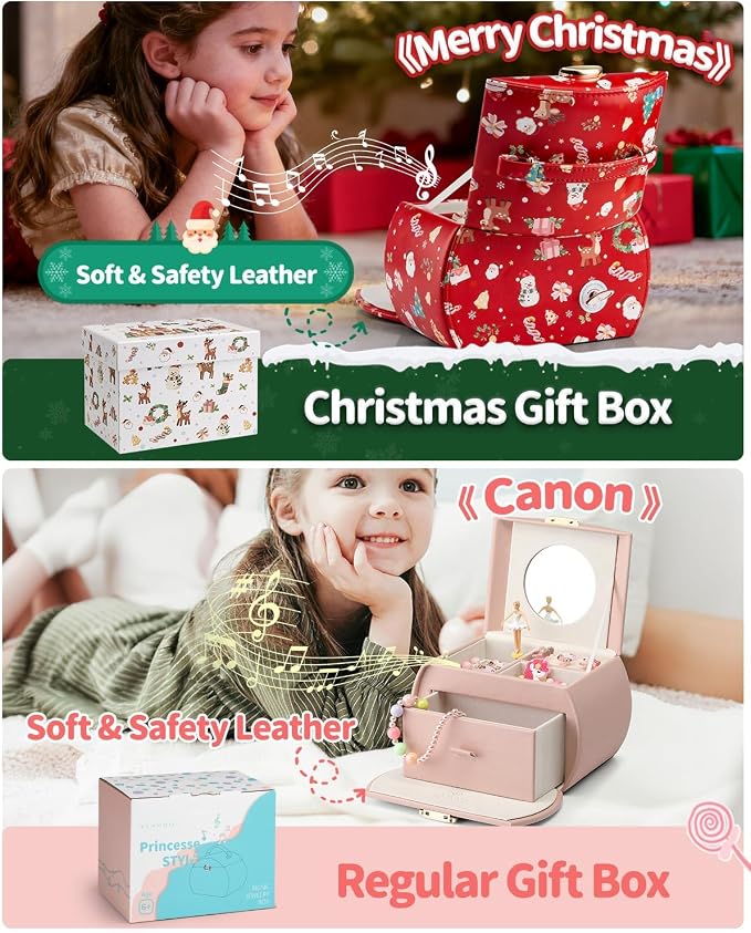 Vlando Kids Musical Jewelry Box for Girls with Drawer, Music Box with Ballerina and Stickers for Birthday Bedroom Decor, Christmas Gifts for Girls Kids - Christmas White