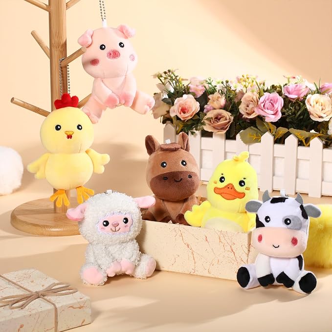 Aoriher 6 Pcs Mini Plush Farm Animals Bulk 4 Inch Cute Stuffed Animals Plush Horse Cow Pig Sheep Duck Chick for Baby Shower Birthday Gift Farm Themed Party Prizes Easter Stuffers