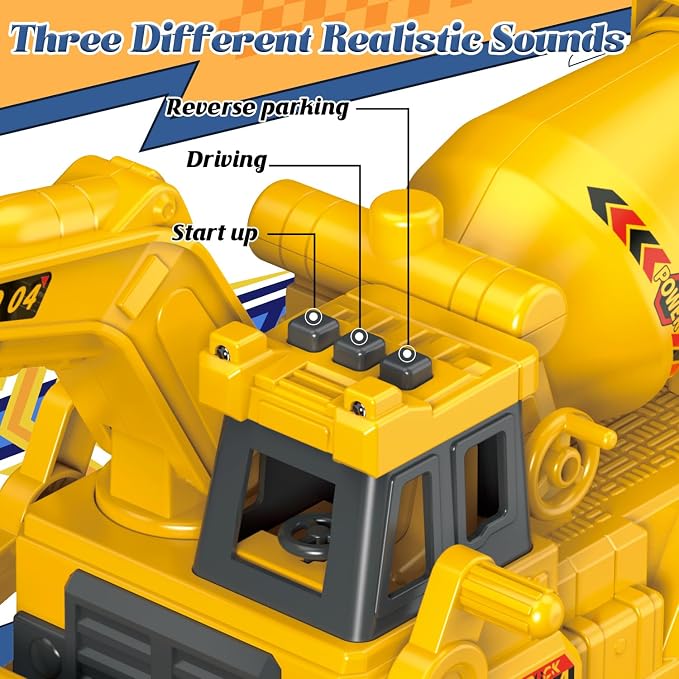 3-in-1 Construction Truck Toy, Excavator & Bulldozer & Cement Mixer, Working Digger Arm, Front Push Blade & Rotating Mixing Drum, Inertia-Powered Push-and-Go, Sandbox Vehicle for Boys Girls Age 3+