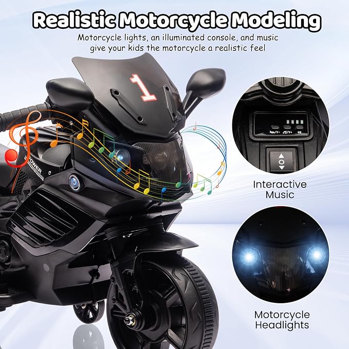 Kids Ride On Motorcycle, 6V Battery Powered Electric Motorcycle, w/Treaded Tires, Horn, Working Headlight, Music, Training Wheels, Stable Ride On Toys for Kids Toddler Boys Girls 3-6, Black