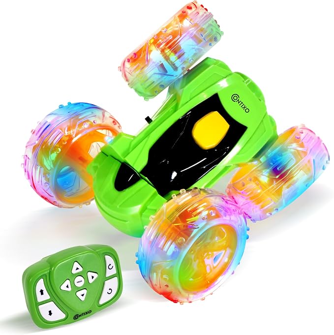Contixo SC3 RC Stunt Car for Kids, Green, 2.4GHz 4WD Remote Control Car with 360° Rotating Flips, Double-Sided Driving, LED Lights, Rechargeable Toy Car for Girls & Boys Ages 4-12
