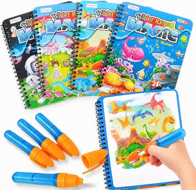 ArtCreativity 4 Pack Magic Water Coloring Books for Toddlers, Reusable Magic Water Pen Coloring Books for Kids - Mess Free Water Art Book for Toddlers - Travel Activity Toys, No-Mess Coloring