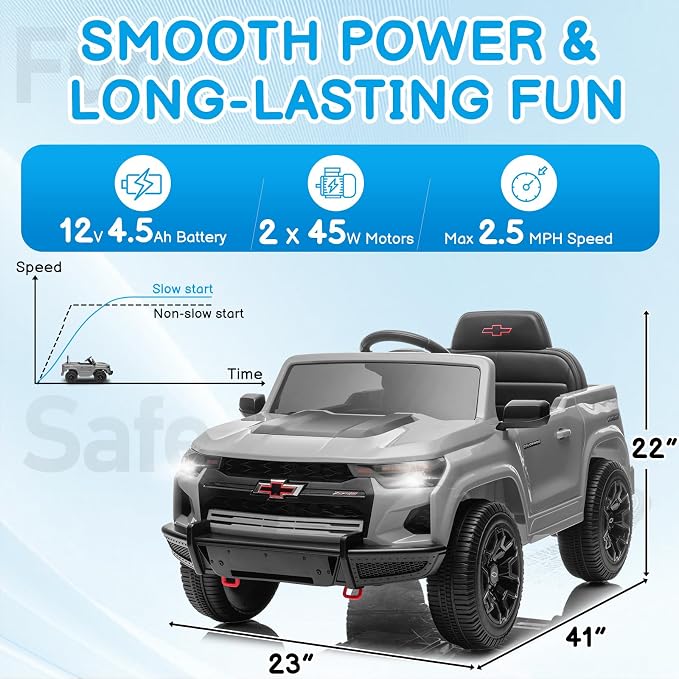 Winado Licensed Chevrolet Colorado Electric Car for Kids, 12V Ride on Toys for Toddlers with Remote Control, Battery Powered Electric Car Ride On Vehicle w/Bluetooth, Soft Start, LED Lights - Gray