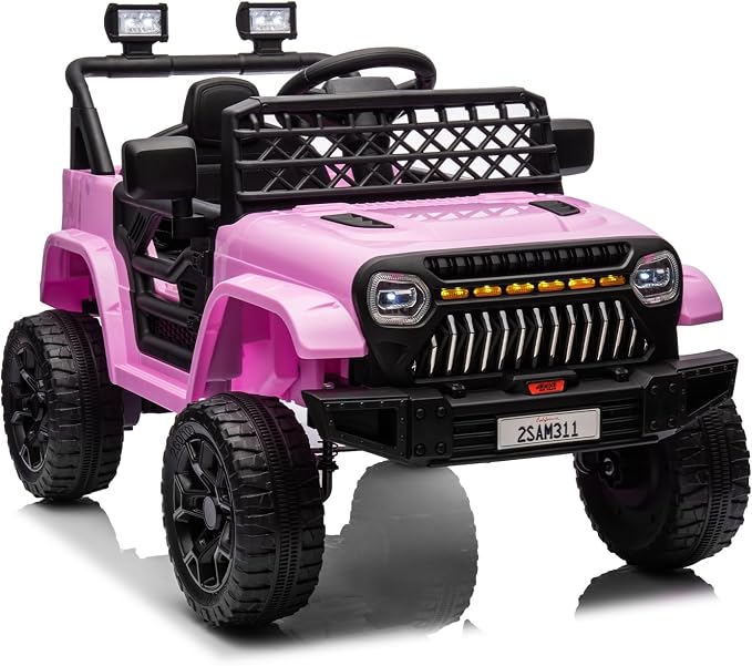 GarveeLife 12V Kids Ride On Truck Electric Vehicle Battery Powered Car Toddlers Ride On Toy for Boys Girls with Remote Control, 4-Wheel Suspension, Battery Display, LED Lights, Music, Pink