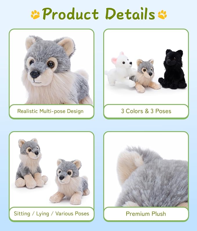 Tezituor 6 Pack Wolf Stuffed Animals, 10 Inch Wolf Plush Toys Bulk, Soft Stuffed Wolves in Assorted Colors and Poses, Forest Animal Plushies for Kids, Birthday Gifts, Party Favors