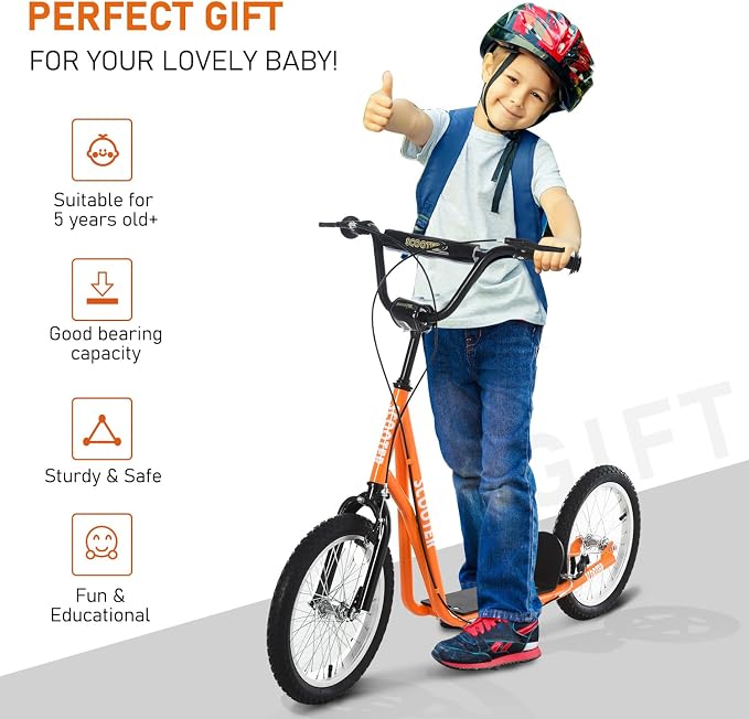 Aosom Youth Scooter Kick Scooter for Kids 5+, Max Load 220 LBS., with Adjustable Handlebar, 16" Inflatable Wheels, Dual Brakes
