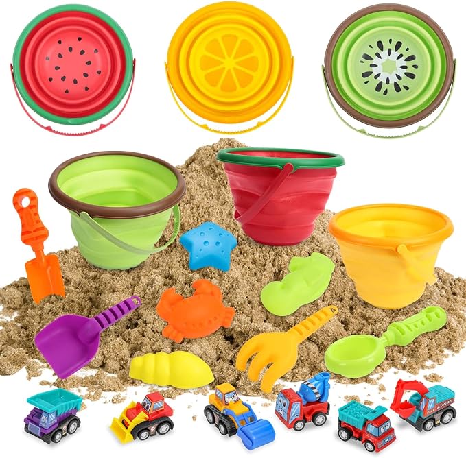 Beach Sand Toys Set for Kids, Silicone Collapsible Foldable Beach Bucket Travel Beach Toys for Summer Outdoor Camping and Fishing Tub with Sand Molds Shovels Rakes for Toddlers Boys Girls 2.5L 3PCS