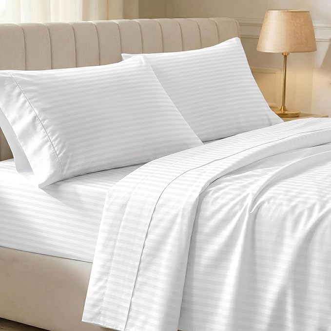 California Design Den Soft 100% Cotton Full Sheet Set, 400 TC Good Housekeeping Award Winner, Silky Smooth Sateen Weave with Deep Pockets, Breathable and Durable Cotton Bedding Set - Striped White