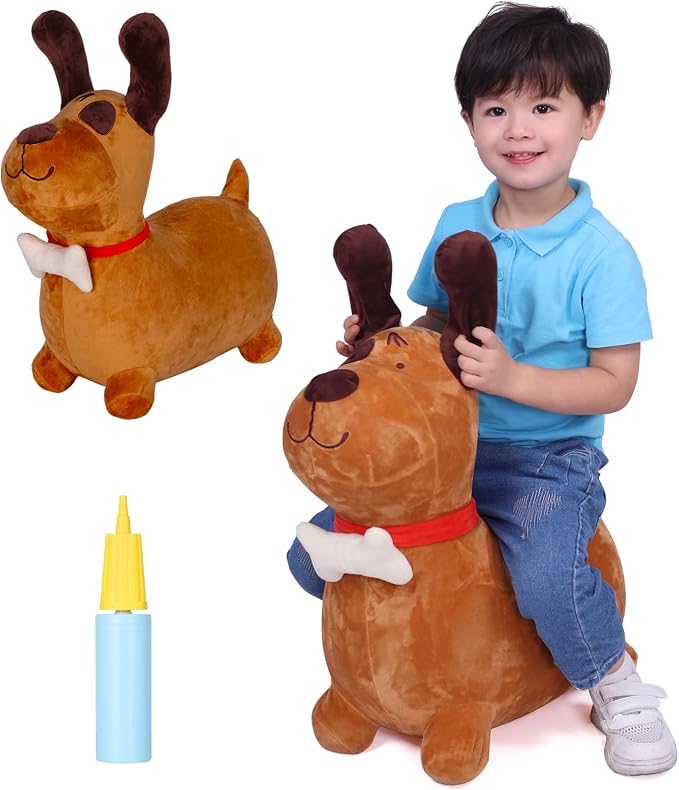 INPANY Bouncy Horse, Brown Dog Hopper Toy, Toddler Plush Bouncing Animal, Inflatable Jumping Buddies, Ride on Animal Bouncer, Outdoor Indoor Birthday Gift for 2 3 4 Year Old Girl Boy