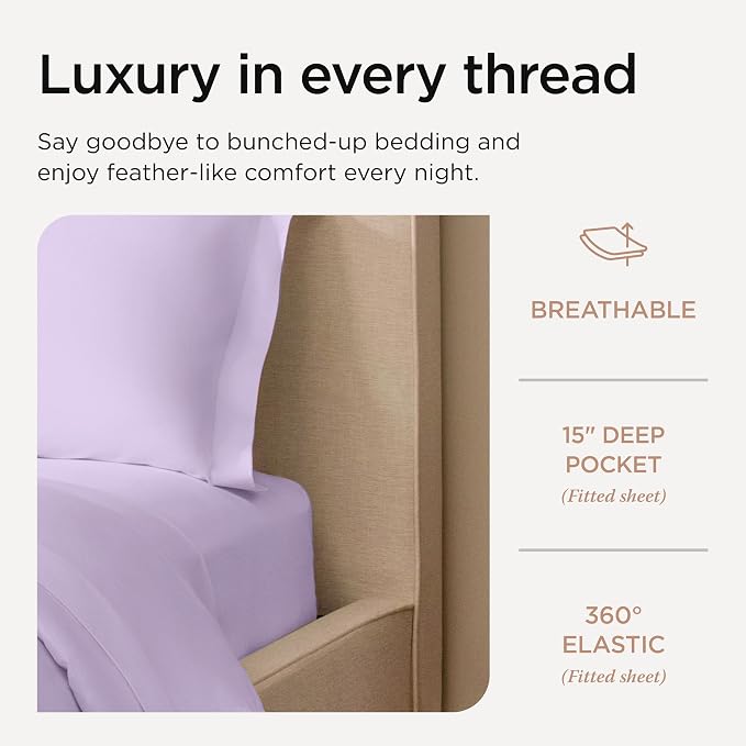 Threadmill Sheets for Twin Mattress | 600 Thread Count Twin Bed Sheets Set with 15” Deep Pocket | Sateen Weave 3-Piece Bedding Set with Cooling Effect | Lilac