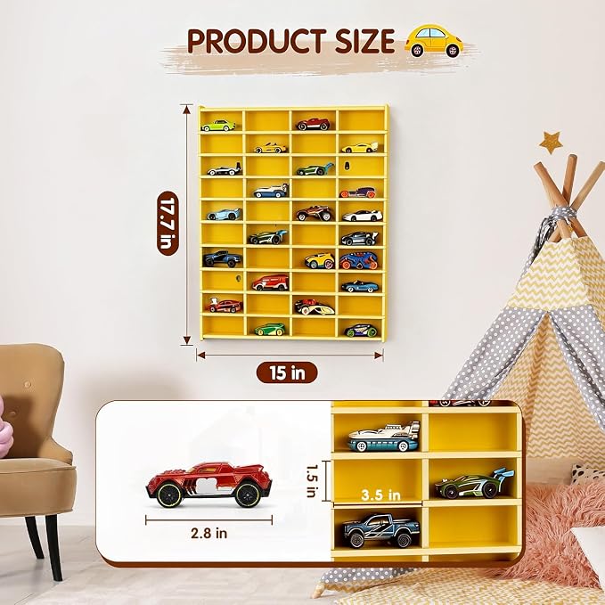 Krafetto Toy Car Display Shelf, Holds 40 Diecast 1/64 Toys Car, Wall Mount Model Cars Storage Organize Case (Yellow 1/64 Toy Car Display Shelf)