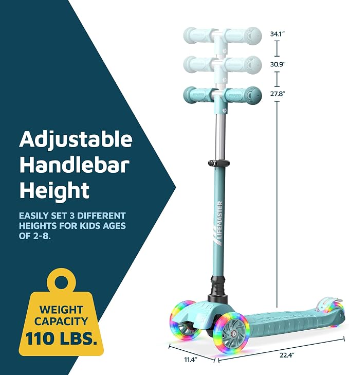 Lifemaster Mini 3-Wheel Kids Scooter with Multi-Color Wheel Lights – 4-Height Adjustable Handlebar, Wide Anti-Slip Deck, Child Safety Certified, Boys & Girls Ages 2+ Supports Up to 110 lbs