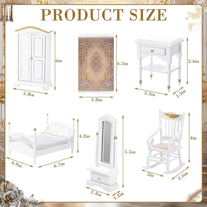 Skylety 7 Pcs Wooden Dollhouse Furniture Set 1: 12 Scale Victorian Dollhouse Bedroom Furniture, Bed Dressing Table Wardrobe Carpet for Adults Toys Miniature Doll House Accessories(White,Vintage)
