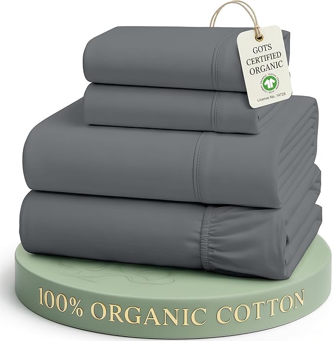 LANE LINEN Full Sheet Set 100% Organic Cotton Cooling Soft 4pc - Charcoal | GOTS Certified Organic Cotton Percale Full Sheet Set - Naturally Cooling & Lightweight, Cool All Summer, Cozy All Winter