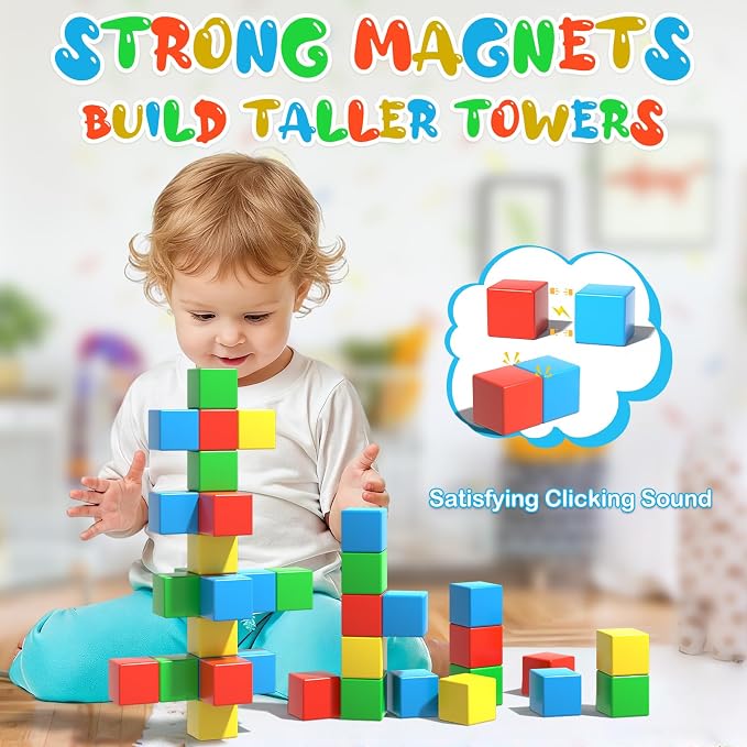 Magnetic Blocks, 28PCS Magnetic Building Blocks, 1.34 inch 3D Cubes for Toddlers, Preschool Educational Construction Kit, Sensory Montessori Toys Kids Blocks for Boys Girls