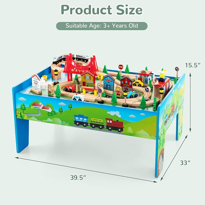 INFANS Train Table, 80 Pieces Wooden Kids Activity Toy Table Playset with Reversible Detachable Tabletop, Tracks, Train, Railway, City, Gift for Toddler Boys Girls Ages 3+ (32.5" x 23.5" x 16")